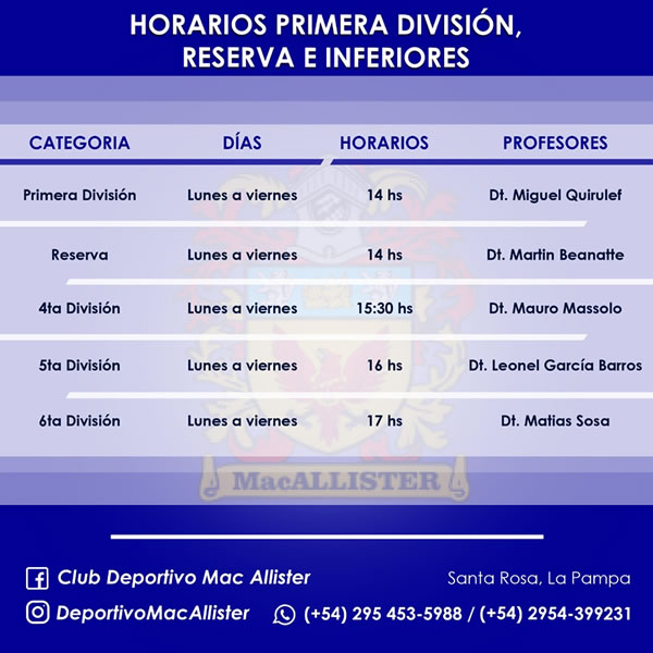 Horarios Primera, Reserva, Inferiores